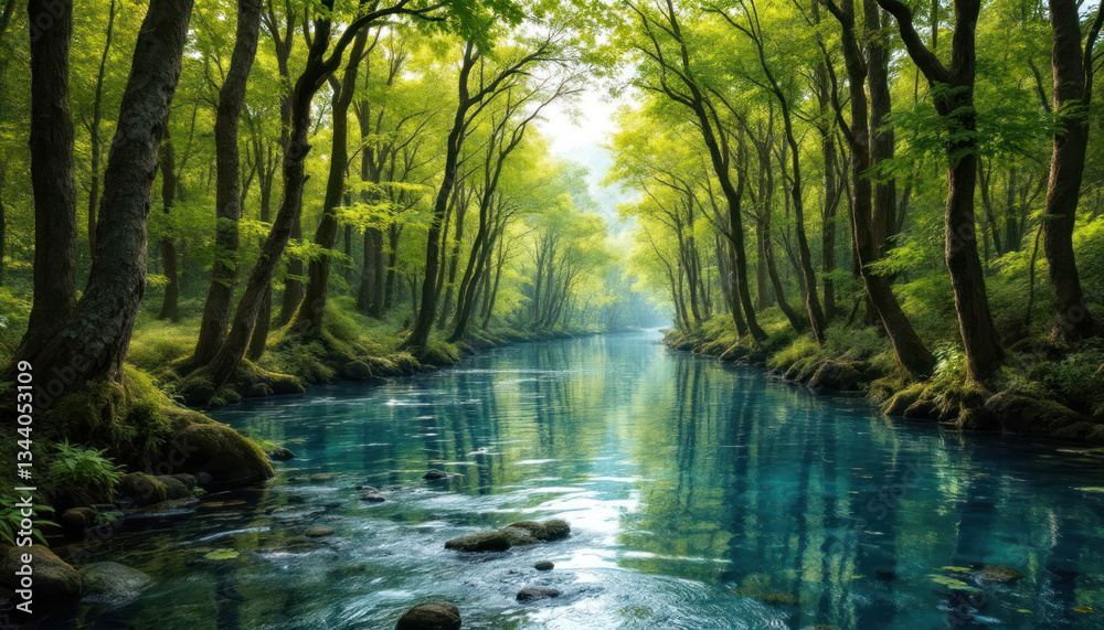 Obraz premium Serene River Flowing Through Lush Green Forest