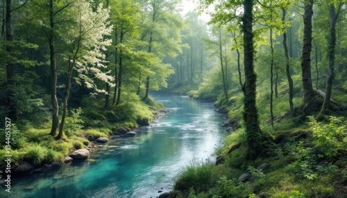 Serene River Flowing Through Lush Green Forest