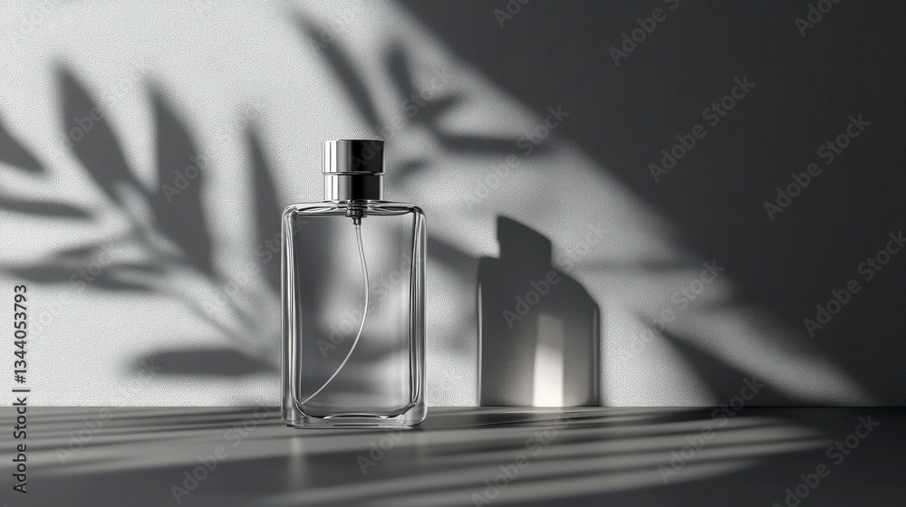 Perfume bottle stands elegantly against a wall with leaf shadows Perfume bottle stands elegantly against a wall with leaf shadows