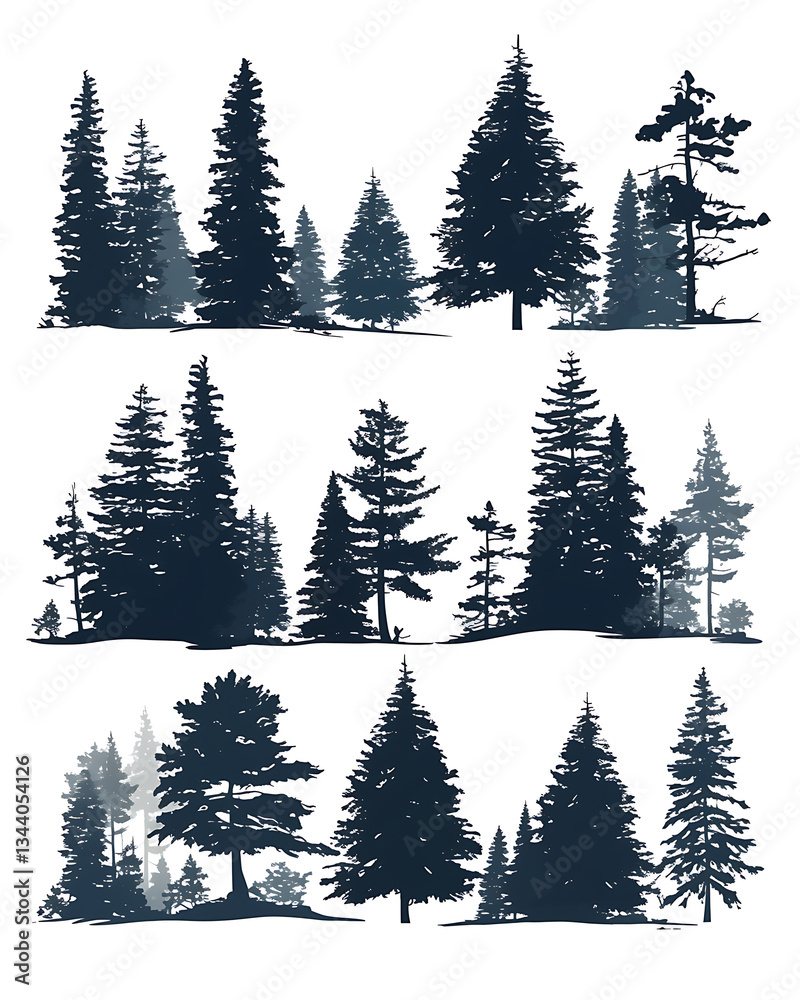 Obraz premium .Illustration of trees, leaves, grass and various botanical elements on a white background.