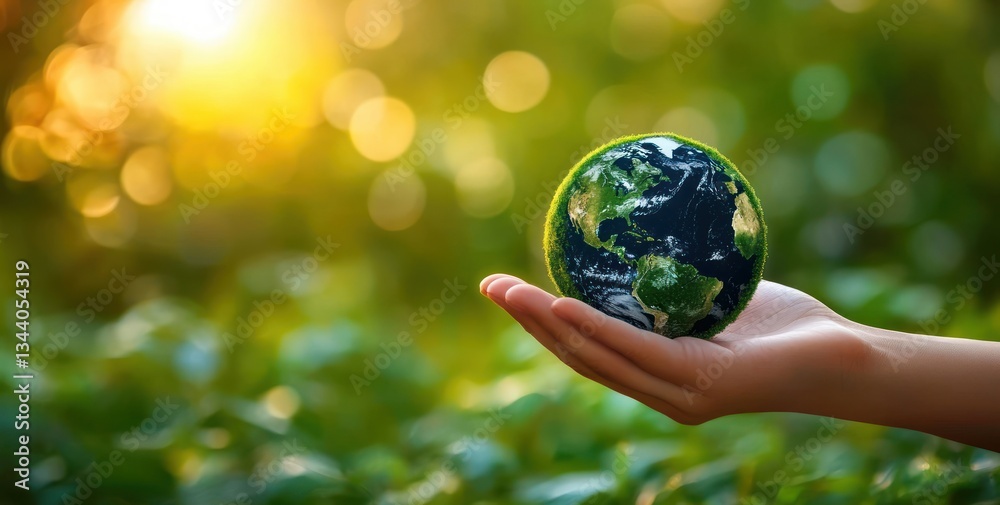 Hand Holding Globe Covered in Green Moss in Natural Forest Background Sustainable Environment Concept for Earth Day Hand Holding Globe Covered in Green Moss in Natural Forest Background Sustainable Environment Concept for Earth Day