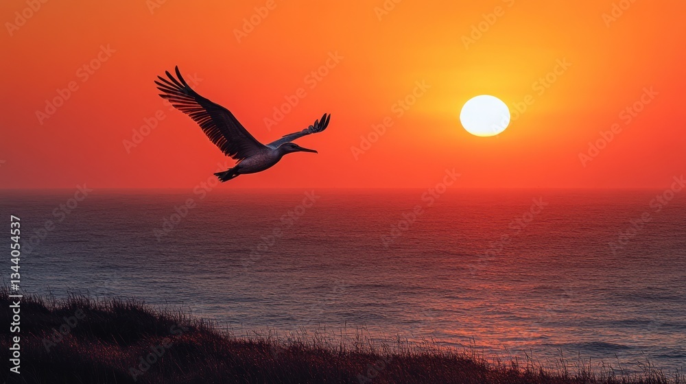 Fototapeta premium Pelican in flight at sunset over ocean.