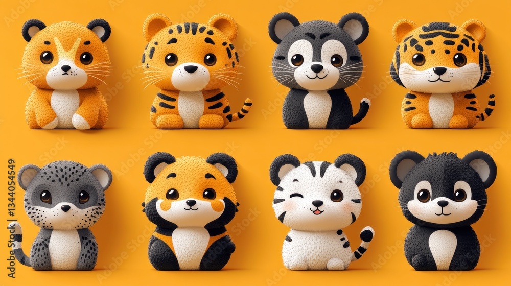 Fototapeta premium Eight adorable cartoon tiger cubs in various poses and colors on yellow background.