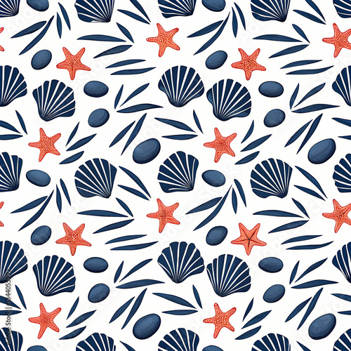 seamless pattern with summer marine elements like starfish, shells, and pebbles on white background