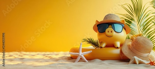 Summer Vacation Piggy Bank with Sunglasses and Tropical Accessories on Yellow Background