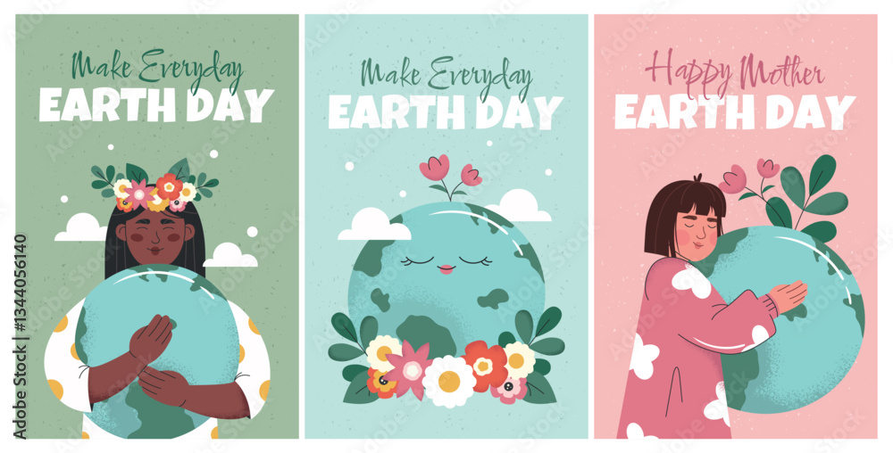 Fototapeta premium Earth Day poster set. Woman hugging planet globe. Eco friendly, save Earth, environmental protection. Flat vector illustrations