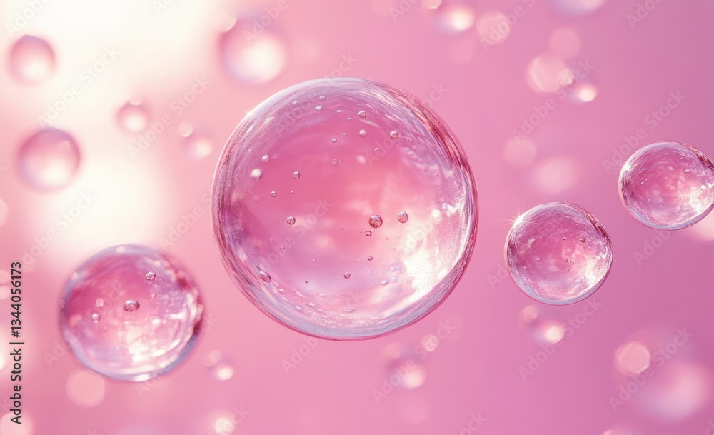 Hyperrealistic Water Bubbles in Pink Liquid for Skin Care and Cosmetics Concept