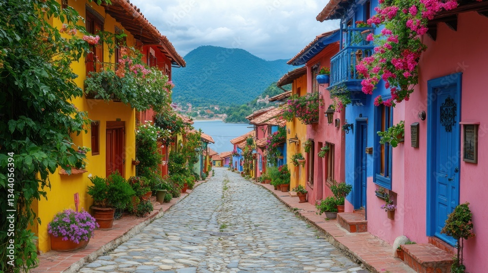 Fototapeta premium Colorful houses line a cobblestone street leading to a tranquil bay.