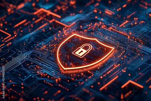 Cyber Security Shield Digital Data Protection Concept with Glowing Neon Lock Icon on Circuit Board