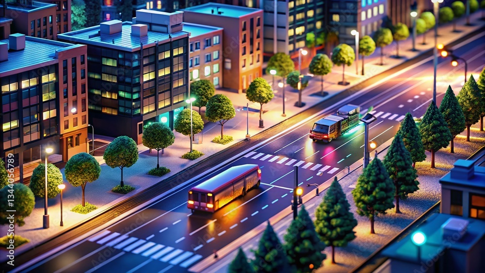 Fototapeta premium Isometric Cartoon City Street Bus Lane Long Exposure Night