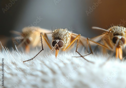 mosquitoes feeding on dog’s nose blood in summer garden macro photography with shallow depth of field and soft bokeh