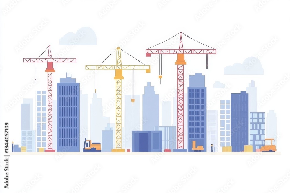 Obraz premium Urban Construction Scene with Cranes and Skyscrapers in Cityscape