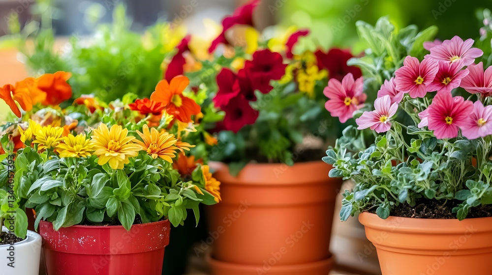 Vibrant Collection of Colorful Potted Flowers with Blossoms in a Lush Garden Setting Vibrant Collection of Colorful Potted Flowers with Blossoms in a Lush Garden Setting