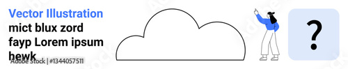 Woman gestures at outlined cloud form with adjacent question block. Ideal for innovation, curiosity, technology, brainstorming, problem-solving, cloud computing, simple landing page