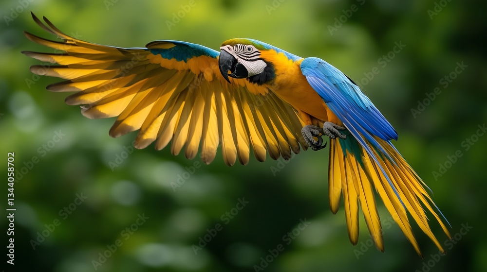 Fototapeta premium Blue-and-gold macaw in mid-flight against green foliage.