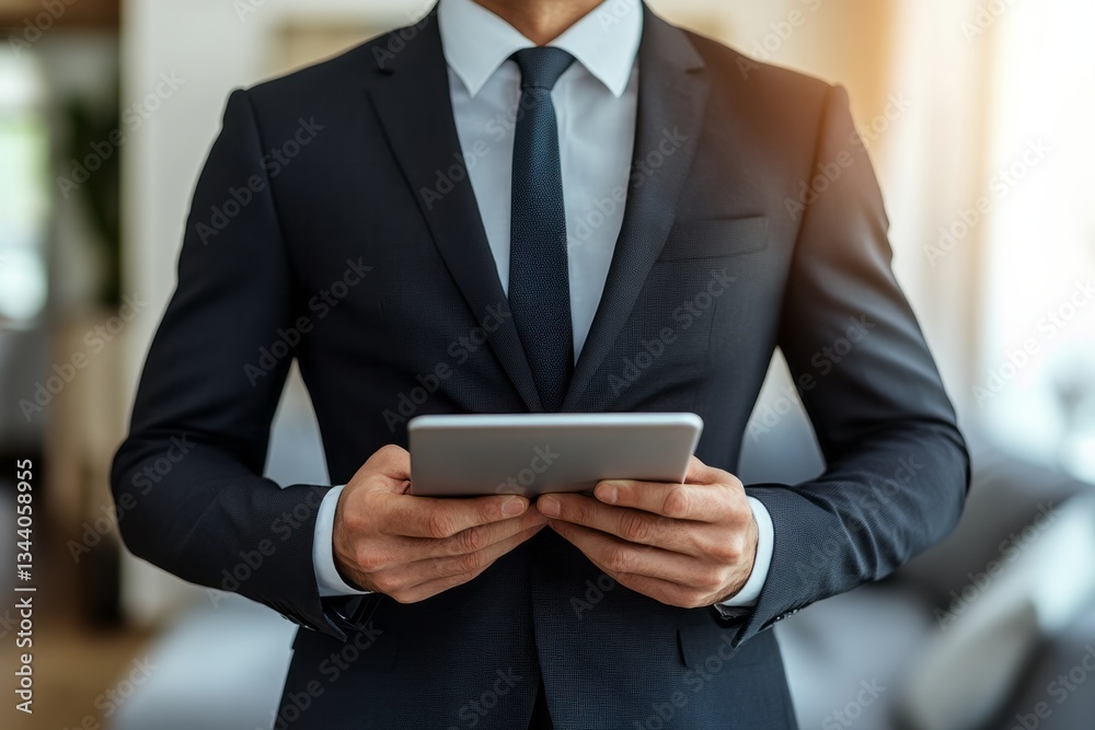 Businessman in suit holding a tablet computer indoors Businessman in suit holding a tablet computer indoors