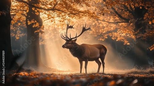 Red deer stag standing in misty autumn woodland.