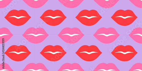 Seamless pattern with red and pink lips on soft lilac background. Flat playful, romantic design pastel tones. Perfect for Valentines Day projects, fashion prints, wallpapers, wrapping paper, textiles