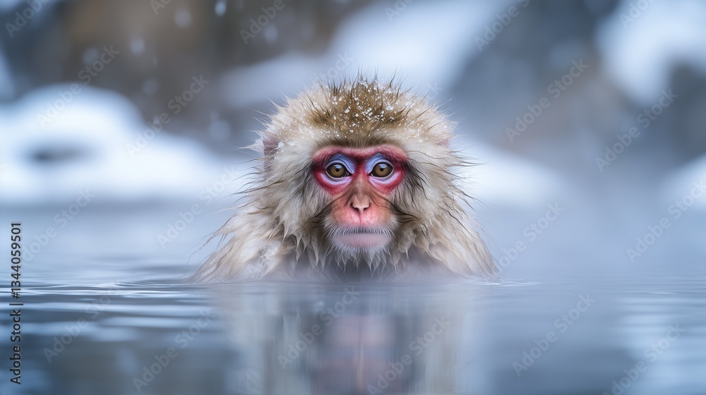 Fototapeta premium Japanese macaque relaxing in steaming hot spring.