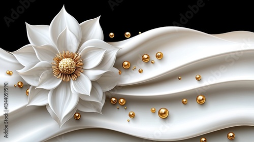 Fototapeta Naklejka Na Ścianę i Meble -  A stunning close-up of a 3D textured painting featuring a white flower with golden accents against a pristine white background