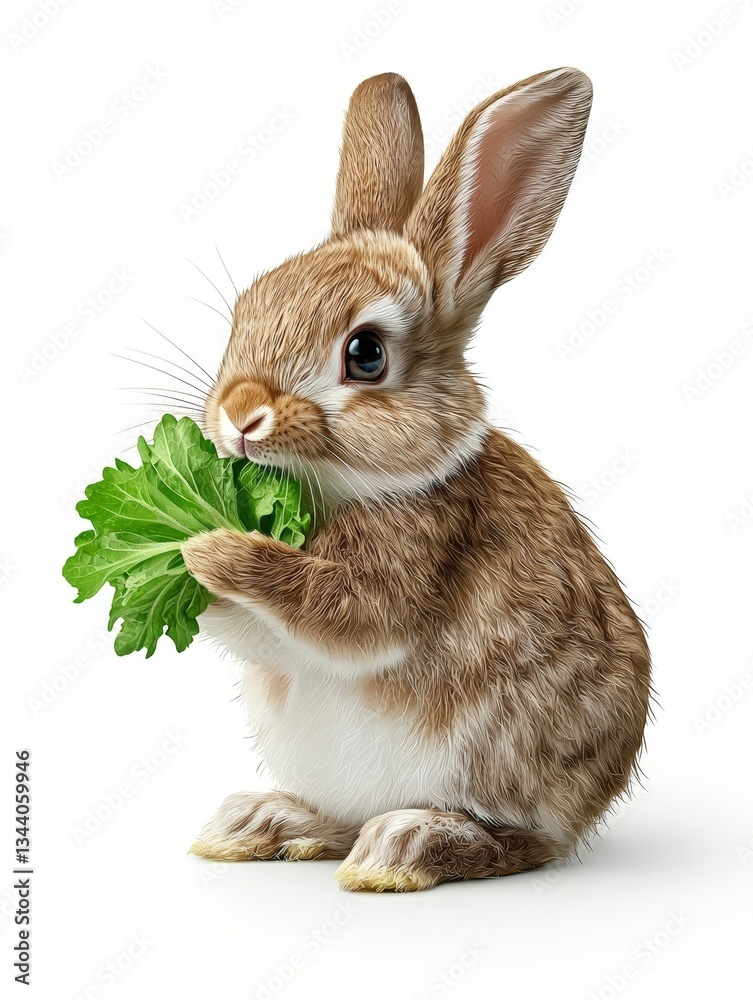 Obraz premium Cute rabbit nibbling on fresh green lettuce, showcasing delightful fur texture and expressive eyes, ideal for nature-themed projects.