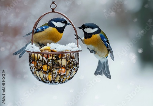 hungry tit birds winter snow garden feeder seeds nuts feeding cute animals nature wildlife
