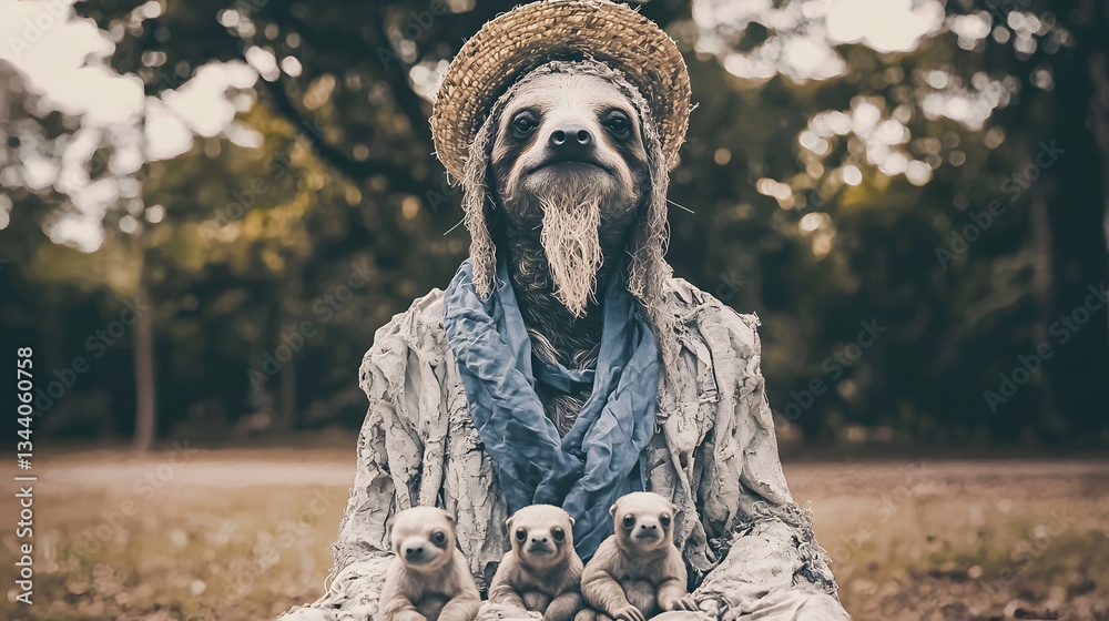Fototapeta premium Sloth Sitting in Nature Surrounded by Three Adorable Young Sloths in a Peaceful Outdoor Setting