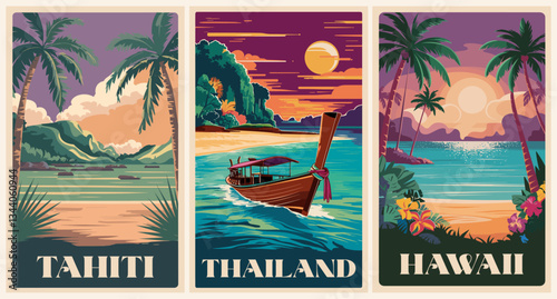Set of travel destination poster in retro style. Tahiti, Thailand, Hawaii landscape colorful vector illustrations