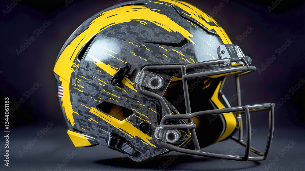 Fototapeta premium Unique modern football helmet design with a striking yellow and gray pattern showcased in a dramatic presentation