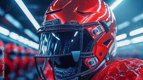 Shiny red football helmet displayed in a modern sports facility photo