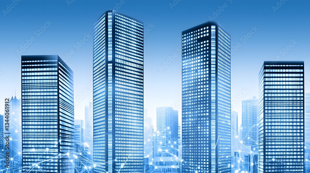 Illuminated Skyscrapers Against a Twilight Cityscape with a Blue Night Sky Illuminated Skyscrapers Against a Twilight Cityscape with a Blue Night Sky