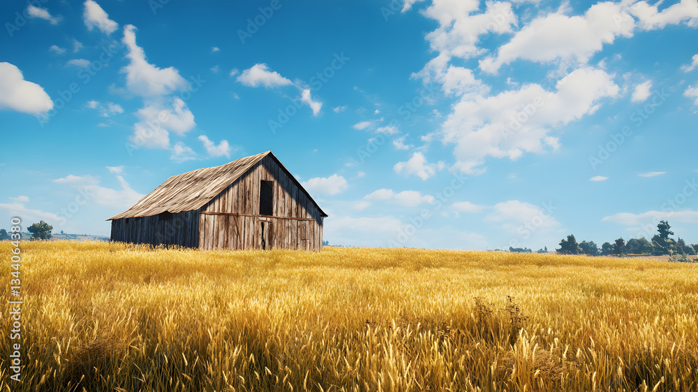 Rustic countryside barn with golden fields under a warm sunset sky Rustic countryside barn with golden fields under a warm sunset sky