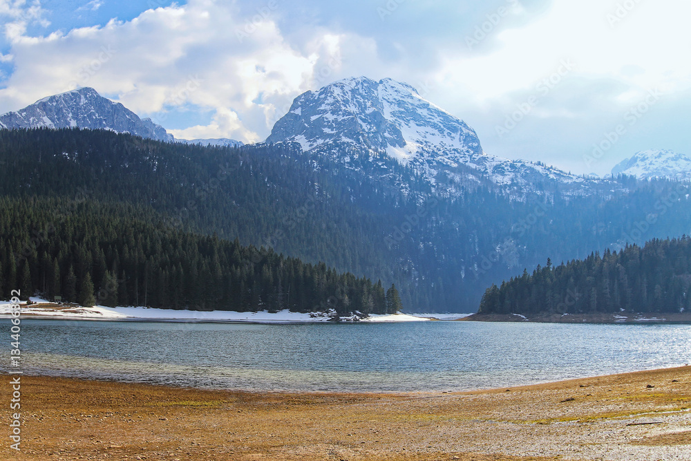 Lake Crno and Mountain Durmitor in Montenegro Sunny Spring Day Landscape