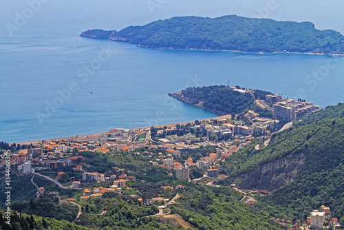 Aerial View of Becici Beach and Island St Nikola in Budva Montenegro Travel