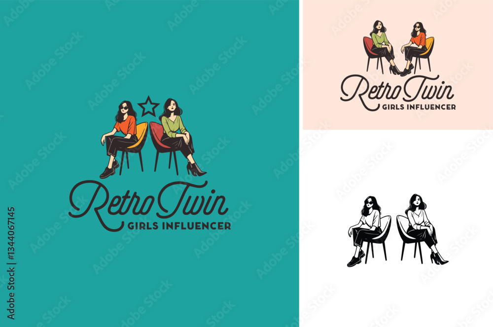 Fototapeta premium Two Girls Twin Beauty Woman Sitting on a Vintage Chair with Retro Casual Clothes Pants for 80s Fashion Outfit Style logo design