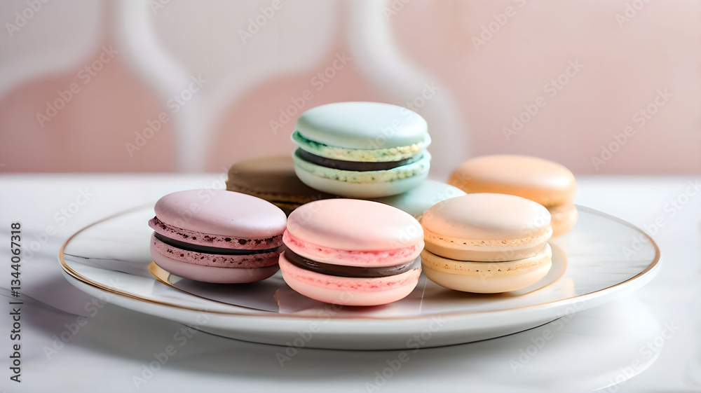 Colorful French macarons on an elegant plate, tea time setting with sweet treats Colorful French macarons on an elegant plate, tea time setting with sweet treats