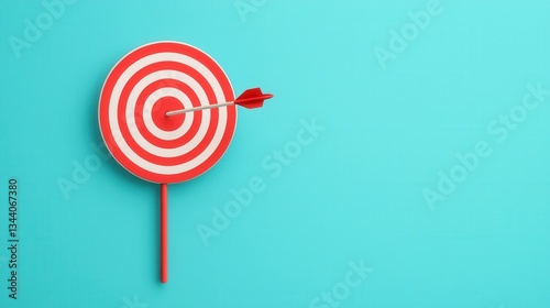 Colorful dartboard with red and white circles and an arrow aimed at the center against a teal background