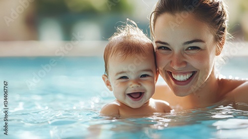 Joyful mother and baby enjoying playful moments together in a sunny swimming pool on a warm summer day