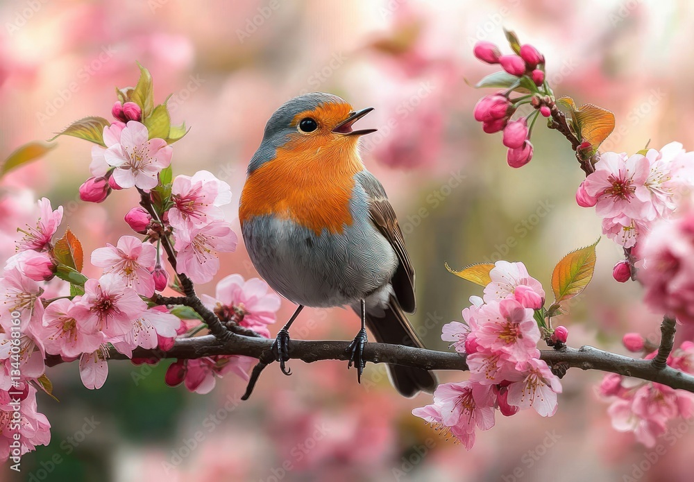 singing robin perched on blooming cherry blossom branch in spring garden vibrant wildlife art singing robin perched on blooming cherry blossom branch in spring garden vibrant wildlife art