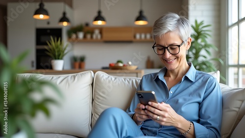 A mature woman with short gray hair and glasses sits on a light sofa in a modern living room, focused on her smartphone. A stylish kitchen with plants is in the background.