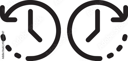 Clock face, circular arrows, time passing, monochrome icon, minimalist design, counterclockwise and clockwise rotation, simple illustration