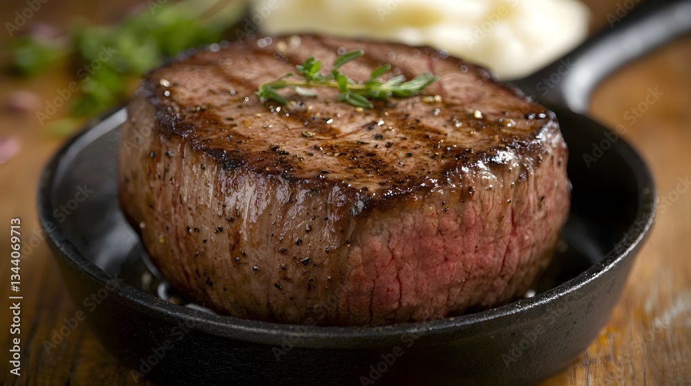 Juicy Grilled Beef Steak on Cast Iron Skillet with Garlic Mashed Potatoes Juicy Grilled Beef Steak on Cast Iron Skillet with Garlic Mashed Potatoes