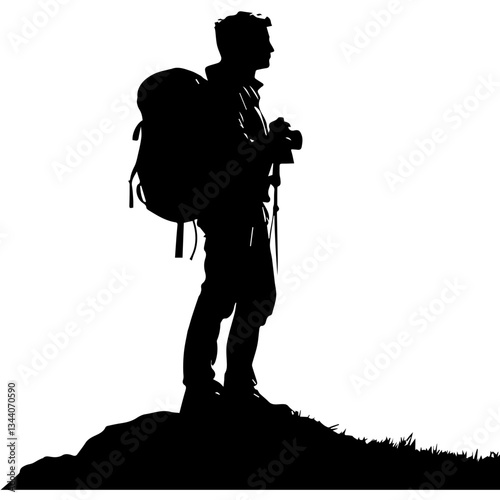 Lone hiker Ascending Treacherous Peak in Misty Wilderness