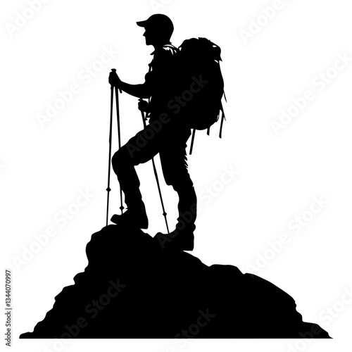 Lone hiker Ascending Treacherous Peak in Misty Wilderness