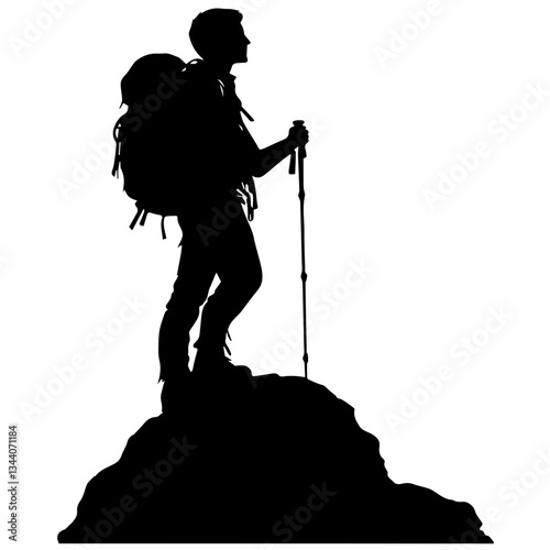 Lone hiker Ascending Treacherous Peak in Misty Wilderness