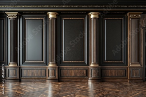 Luxurious interior with wooden paneling and ornate decorative columns