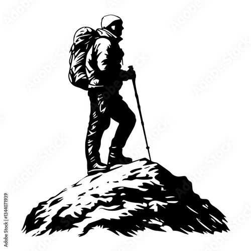 Lone hiker Ascending Treacherous Peak in Misty Wilderness