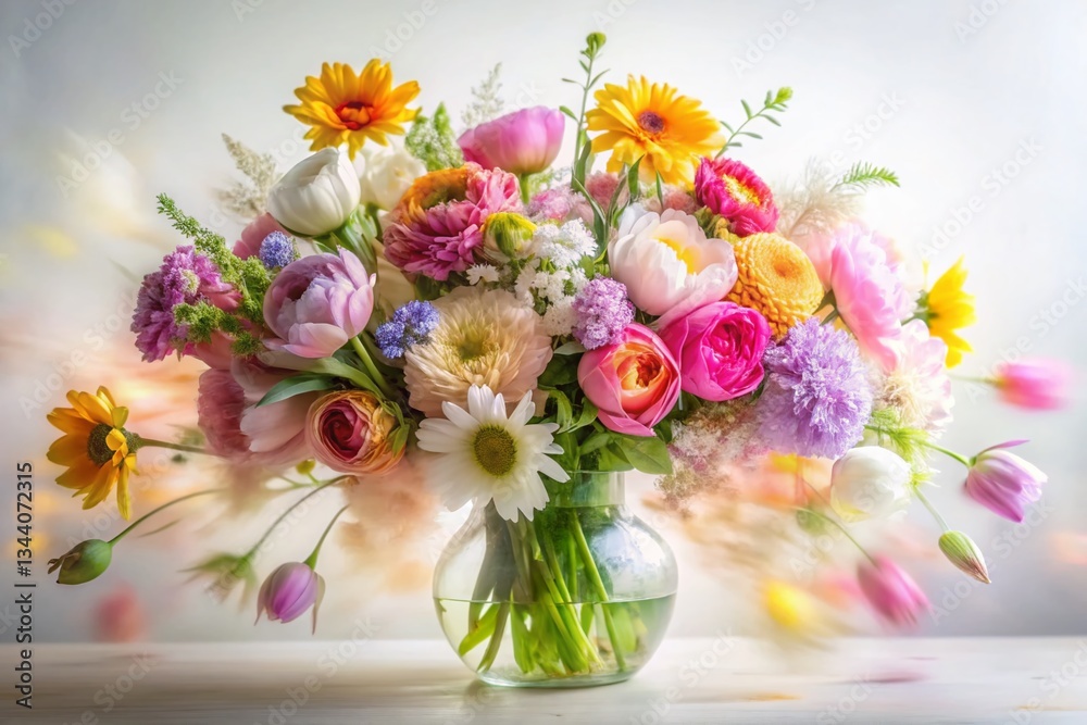 Obraz premium Long Exposure Blooming Flowers, White Background, Soft Focus, Floral Photography