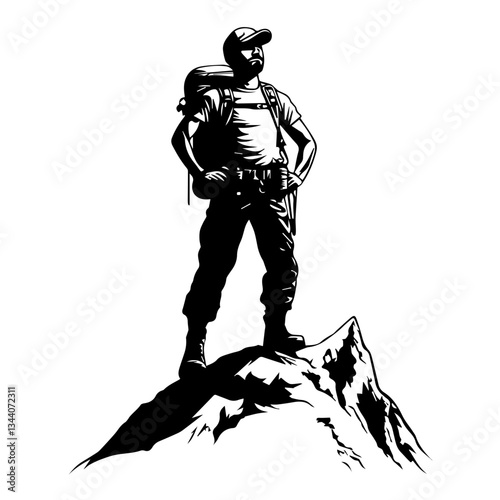 Lone hiker Ascending Treacherous Peak in Misty Wilderness