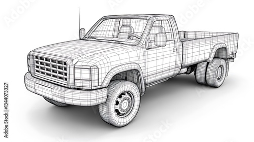 A detailed wireframe depiction of a large pickup truck vehicle